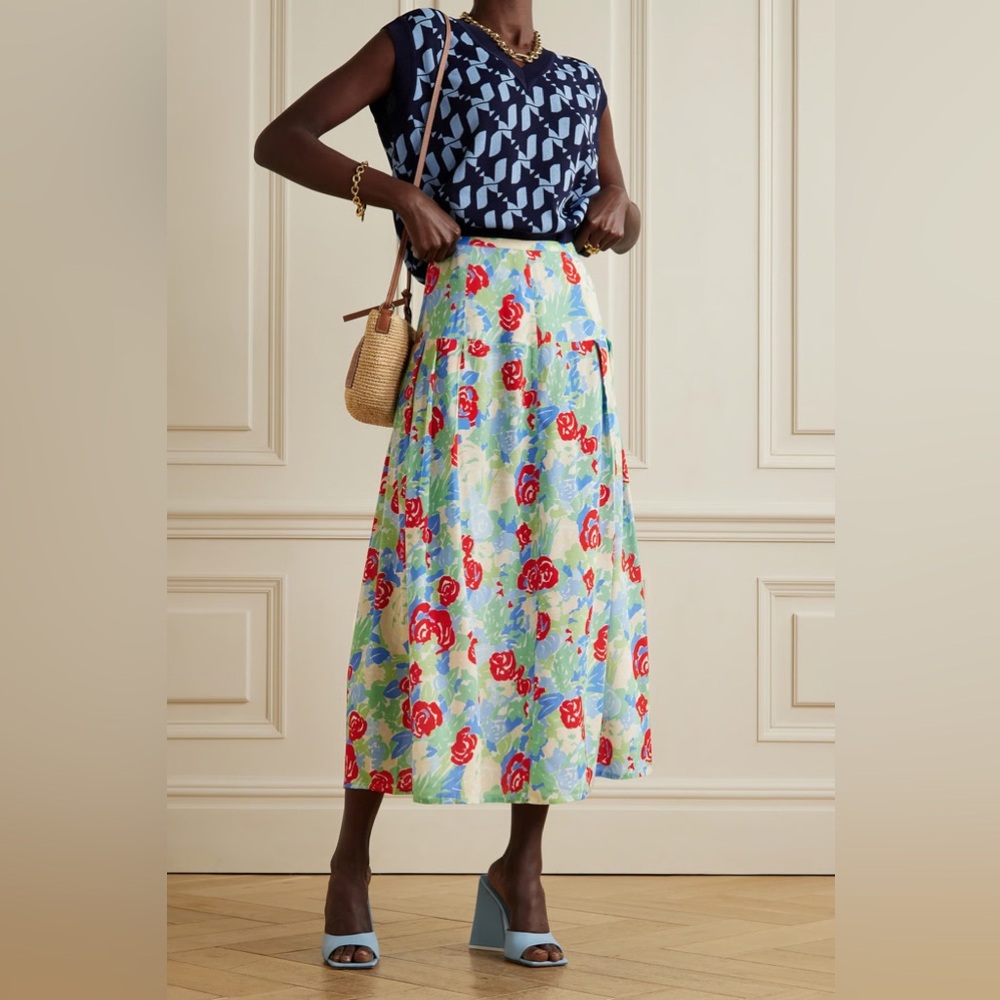Rixo Nancy Floral Print Midi Skirt